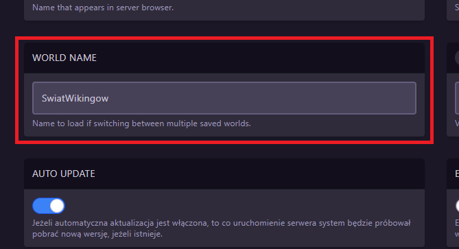 Pole WORLD NAME w zakładce Uruchamianie